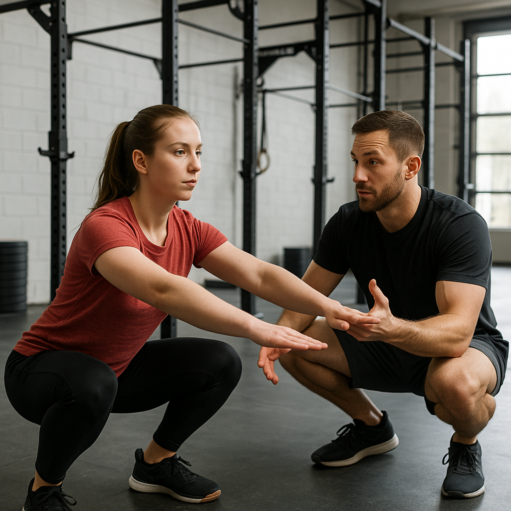 Beginner CrossFit athlete learning movement standards with coach